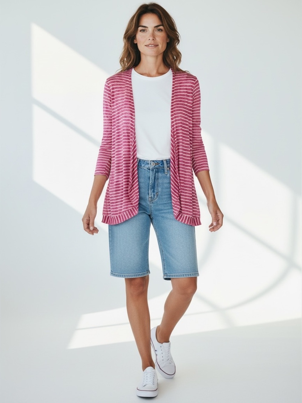 Hot pink and white striped open Front cardigan